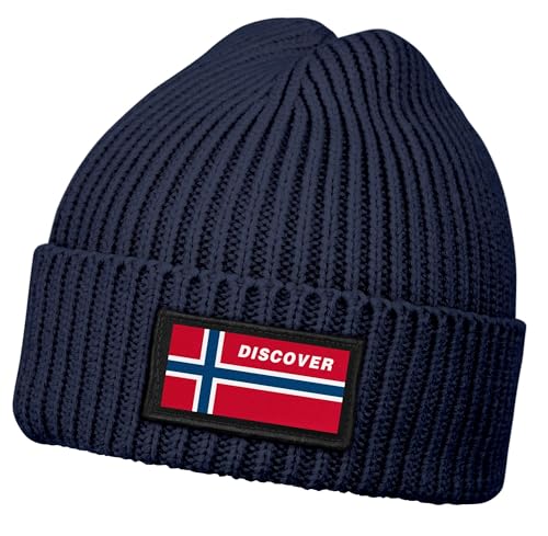 Neverless® Herren Beanie Wintermütze mit Patch Norwegen Flagge Aufdruck Print Strickmütze Männer Rippstrick Navy Unisize von Neverless