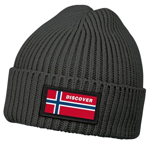 Neverless® Herren Beanie Wintermütze mit Patch Norwegen Flagge Aufdruck Print Strickmütze Männer Rippstrick dunkelgrau Unisize von Neverless