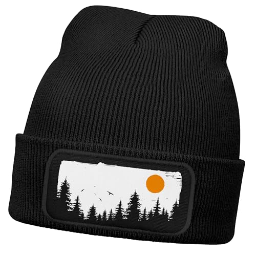 Neverless® Herren Beanie Wintermütze mit Patch Wald Bäume Outdoor Aufdruck Print Strickmütze Rippstrick Schwarz Unisize von Neverless