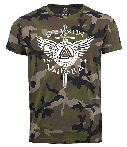 Neverless® Herren Camo-Shirt See You in Valhalla Schwert Runen Odin Vikings Camouflage Tarnmuster camo L von Neverless
