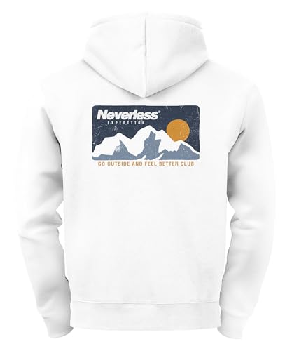 Neverless® Herren Hoodie Backprint Berge Wandern Berg-Grafik Vintage Retro Style Kapuzen-Pullover Männer Fashion Streetstyle Weiss XS von Neverless