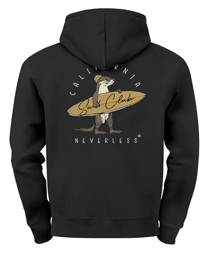 Neverless® Herren Hoodie Backprint California Surfing Print Otter mit Surfboard Grafik Kapuzen-Pullover Männer Fashion Streetstyle schwarz S von Neverless