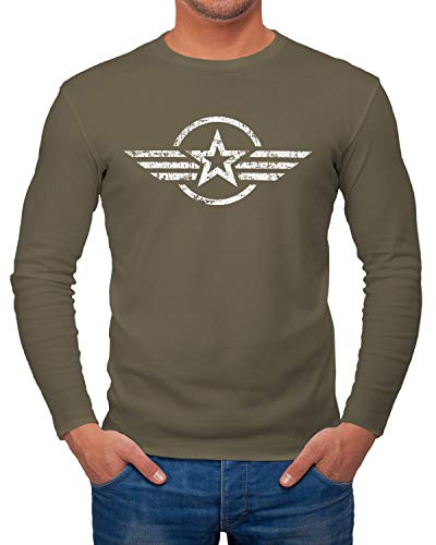 Neverless® Herren Long-Sleeve Airforce Symbol Stern Army Military Aufdruck Emblem Langarm-Shirt Khaki 3XL von Neverless