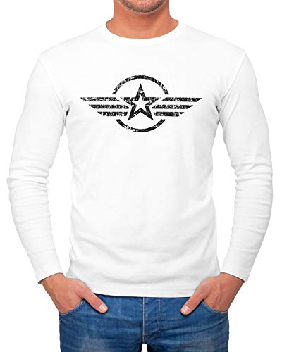 Neverless® Herren Long-Sleeve Airforce Symbol Stern Army Military Aufdruck Emblem Langarm-Shirt weiß M von Neverless