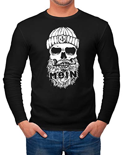 Neverless® Herren Long-Sleeve Aufdruck Moin Totenkopf Anker Skull Print Motiv Bart Langarm-Shirt schwarz L von Neverless