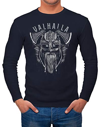 Neverless® Herren Long-Sleeve Valhalla Wikinger Helm Viking Odin Krieger Printshirt Langarm-Shirt Navy 3XL von Neverless