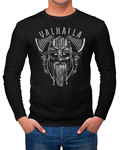 Neverless® Herren Long-Sleeve Valhalla Wikinger Helm Viking Odin Krieger Printshirt Langarm-Shirt schwarz XL von Neverless