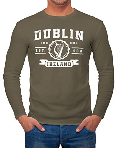 Neverless® Herren Longsleeve Dublin Irland Retro Design Aufdruck Print Schrift Langarm-Shirt Fashion Streetstyle Khaki XXL von Neverless