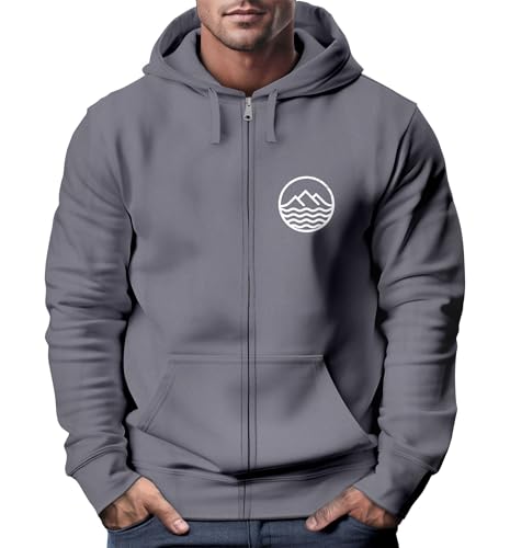 Neverless® Herren Sweatjacke mit Kapuze Wandern Berge Logo Motiv Zip Hoodie Männer Outdoor Fashion Convoy Grey XL von Neverless