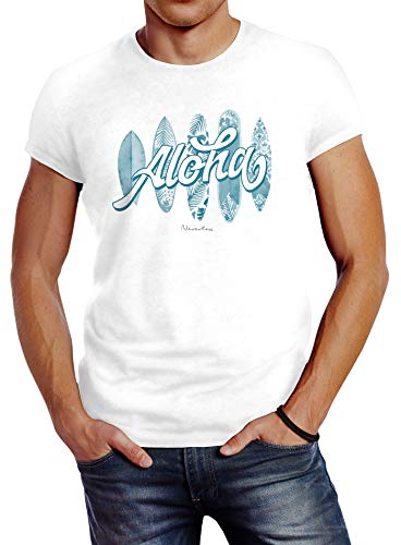 Neverless® Herren T-Shirt Aloha Surf Boards Hawaii Surfing Summer Slim Fit weiß S von Neverless