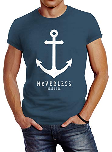 Neverless® Herren T-Shirt Anker Nautical Sailor Segeln Slim Fit Denim Blue S von Neverless