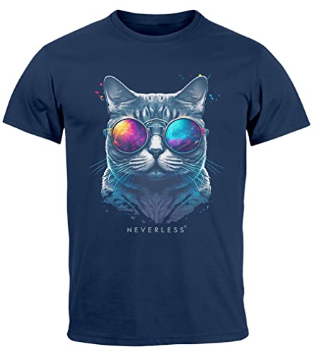 Neverless® Herren T-Shirt Aufdruck Katze Cat Sommer Sonnenbrille Style Fashion Print Fashion Streetstyle Navy 3XL von Neverless