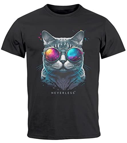 Neverless® Herren T-Shirt Aufdruck Katze Cat Sommer Sonnenbrille Style Fashion Print Fashion Streetstyle anthrazit 3XL von Neverless