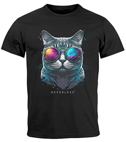 Neverless® Herren T-Shirt Aufdruck Katze Cat Sommer Sonnenbrille Style Fashion Print Fashion Streetstyle schwarz 3XL von Neverless