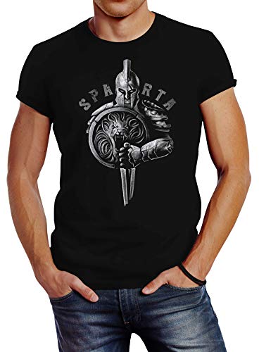Neverless® Herren T-Shirt Aufdruck Sparta Spartanerhelm Krieger Warrior Schwert Schild Löwe Fashion Streetstyle schwarz 3XL von Neverless