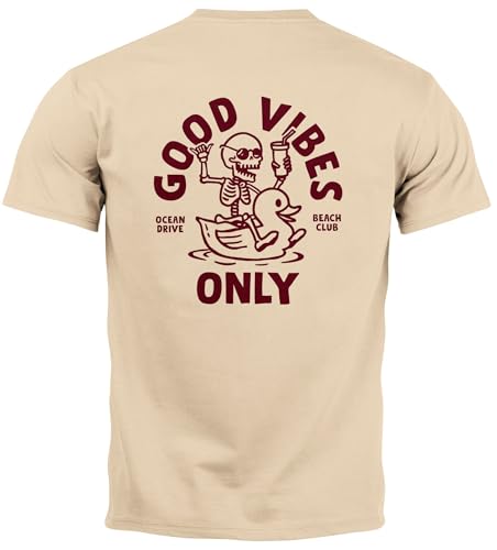Neverless® Herren T-Shirt Backprint Good Vibes Only Quitsche-Ente Motivprint Rückendruck Sommer Fashion Streetstyle Natur L von Neverless