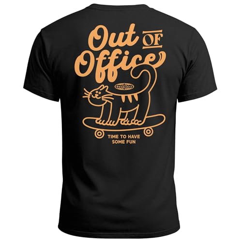 Neverless® Herren T-Shirt Backprint Out of Office Grafikshirt Katze Schriftzug Fashion Streetstyle Schwarz XS von Neverless