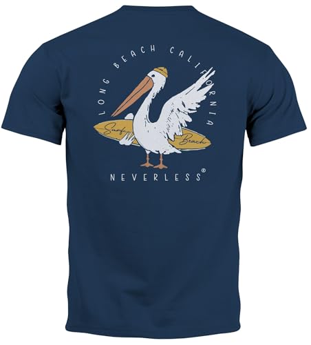 Neverless® Herren T-Shirt Backprint Pelikan Print Surfer Surfboard Printshirt Männer Fashion Streetstyle Navy 4XL von Neverless