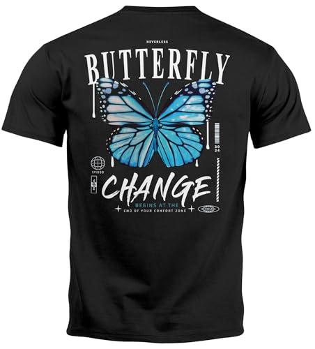 Neverless® Herren T-Shirt Backprint Schmetterling Butterfly Grafik Printshirt Brustlogo Fashion Streetstyle schwarz L von Neverless