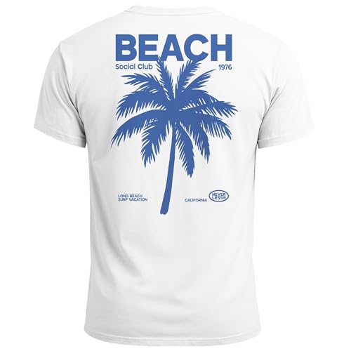 Neverless® Herren T-Shirt Backprint Sommer Funshirt mit Palmen Print Retro Typografie – Strand Urlaub Grafikshirt Kurzarm Baumwwolle Weiss L von Neverless