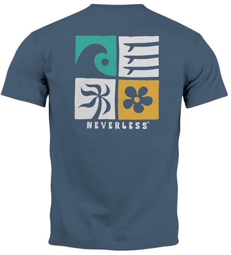 Neverless® Herren T-Shirt Backprint Surfing Welle Meer Icon Printshirt Grafik Design Männer Fashion Streetstyle Backprint Denim Blue M von Neverless
