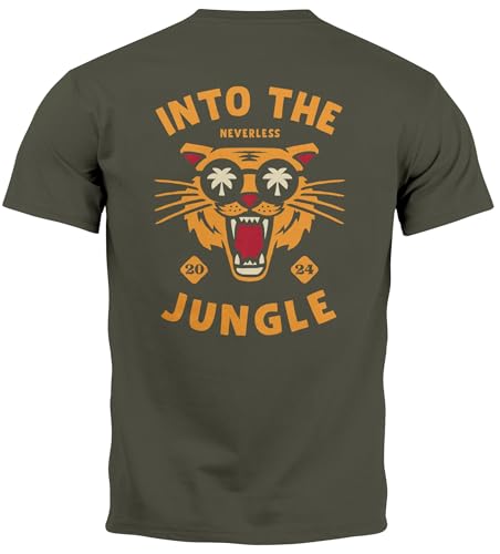 Neverless® Herren T-Shirt Backprint Tiger Spruch Into The Jungle Palme Sommer Retro Design Fashion Streetstyle Army M von Neverless
