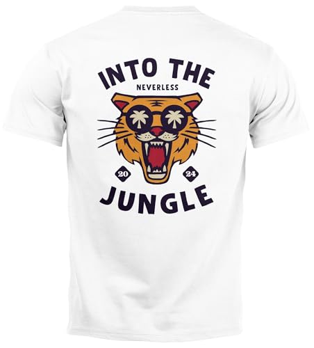Neverless® Herren T-Shirt Backprint Tiger Spruch Into The Jungle Palme Sommer Retro Design Fashion Streetstyle weiß M von Neverless