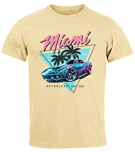 Neverless® Herren T-Shirt Bedruckt Miami Beach Surfing Motiv USA Retro Automobil 80er Fashion Streetstyle Natur L von Neverless