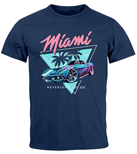 Neverless® Herren T-Shirt Bedruckt Miami Beach Surfing Motiv USA Retro Automobil 80er Fashion Streetstyle Navy XL von Neverless