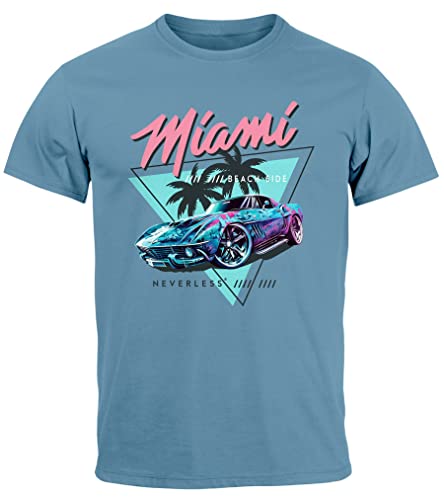 Neverless® Herren T-Shirt Bedruckt Miami Beach Surfing Motiv USA Retro Automobil 80er Fashion Streetstyle Stone Blue S von Neverless