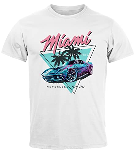 Neverless® Herren T-Shirt Bedruckt Miami Beach Surfing Motiv USA Retro Automobil 80er Fashion Streetstyle weiß 4XL von Neverless