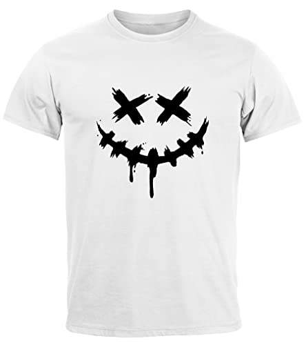 Neverless® Herren T-Shirt Bedruckt Techwear Fashion Streetstyle Smiling Face Smile Trend Print Aufdruck weiß XS von Neverless