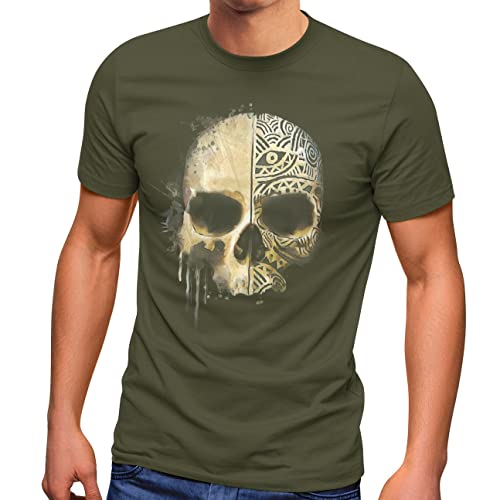 Neverless® Herren T-Shirt Bedruckt Totenkopf Totenschädel Skull Tattoo Tribal Print Aufdruck Fashion Streetstyle Army XXL von Neverless