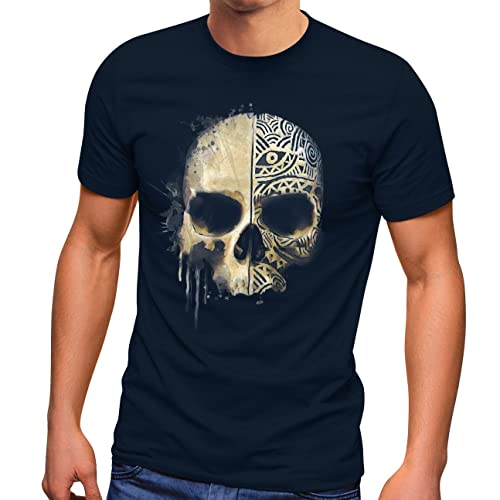 Neverless® Herren T-Shirt Bedruckt Totenkopf Totenschädel Skull Tattoo Tribal Print Aufdruck Fashion Streetstyle Navy 3XL von Neverless