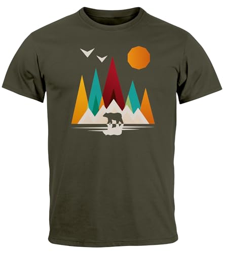 Neverless® Herren T-Shirt Berge Bär Natur Polygon Outdoor Printshirt Aufdruck Wandern Männer Fashion Streetstyle Army L von Neverless