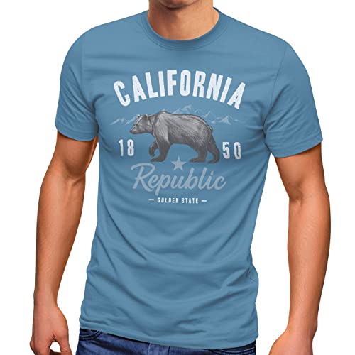 Neverless® Herren T-Shirt California Sommer Summer Golden State USA Bär Bear Bedruckt Aufdruck Print Fashion Streetstyle Stone Blue XL von Neverless