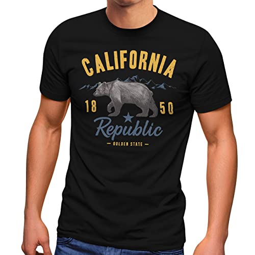 Neverless® Herren T-Shirt California Sommer Summer Golden State USA Bär Bear Bedruckt Aufdruck Print Fashion Streetstyle schwarz-gelb XS von Neverless