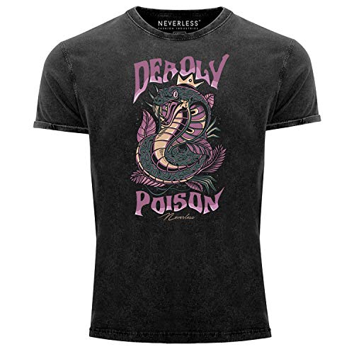 Neverless® Herren T-Shirt Deadly Poison Kobra Motiv Vintage Shirt Printshirt Schlangemotiv Snake Aufdruck Used Look Slim Fit schwarz L von Neverless