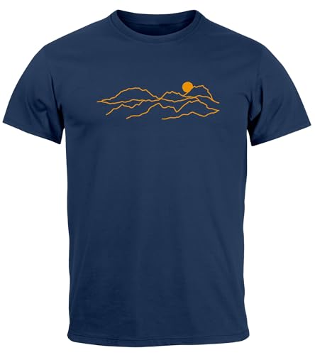 Neverless® Herren T-Shirt Fashion Printshirt aus Baumwolle – Modernes Grafik-Design Outdoor Motiv Line Art Wandern Bergsteigen Navy XS von Neverless