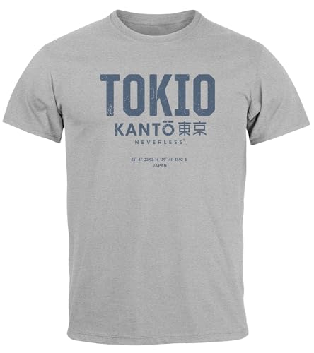 Neverless® Herren T-Shirt Frontprint Tokyo Japan Japanische Schriftzeichen Grafik Printshirt Fashion Streetstyle grau XS von Neverless