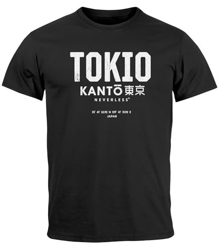 Neverless® Herren T-Shirt Frontprint Tokyo Japan Japanische Schriftzeichen Grafik Printshirt Fashion Streetstyle schwarz L von Neverless