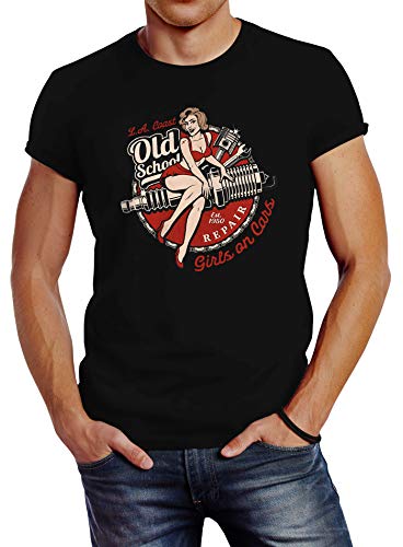 Neverless® Herren T-Shirt Girls on Cars Retro Vintage Print Pin up Girl Logo Aufdruck Slim Fit schwarz XL von Neverless