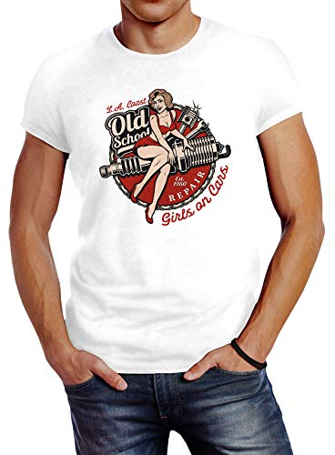 Neverless® Herren T-Shirt Girls on Cars Retro Vintage Print Pin up Girl Logo Aufdruck Slim Fit weiß 3XL von Neverless