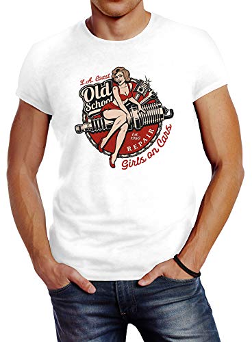 Neverless® Herren T-Shirt Girls on Cars Retro Vintage Print Pin up Girl Logo Aufdruck Slim Fit weiß L von Neverless