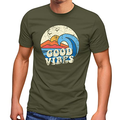Neverless® Herren T-Shirt Good Vibes Welle Hippie Slogan Statement Surf Design Vintage Retro Fashion Streetstyle Army M von Neverless