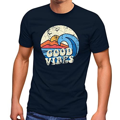 Neverless® Herren T-Shirt Good Vibes Welle Hippie Slogan Statement Surf Design Vintage Retro Fashion Streetstyle Navy XL von Neverless