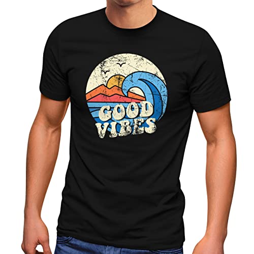 Neverless® Herren T-Shirt Good Vibes Welle Hippie Slogan Statement Surf Design Vintage Retro Fashion Streetstyle schwarz XS von Neverless