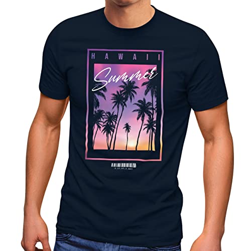 Neverless® Herren T-Shirt Hawaii Summer Schriftzug Palmen Foto-Print Sommer Surfing Fashion Streetstyle Navy 5XL von Neverless