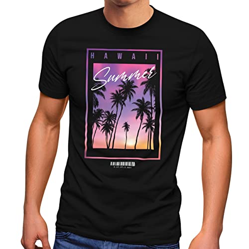 Neverless® Herren T-Shirt Hawaii Summer Schriftzug Palmen Foto-Print Sommer Surfing Fashion Streetstyle schwarz 5XL von Neverless