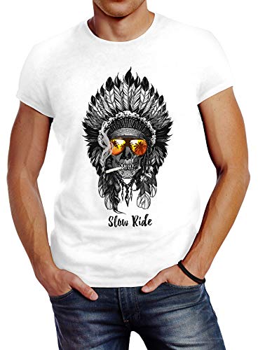 Neverless® Herren T-Shirt Indian Skull Indianer Totenkopf Slim Fit weiß 4XL von Neverless